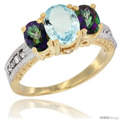 14k Yellow Gold Ladies Oval Natural Aquamarine 3-Stone Ring with Mystic Topaz Sides Diamond Accent