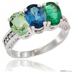 14K White Gold Natural Green Amethyst, London Blue Topaz & Emerald Ring 3-Stone 7x5 mm Oval Diamond Accent