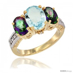 14K Yellow Gold Ladies 3-Stone Oval Natural Aquamarine Ring with Mystic Topaz Sides Diamond Accent