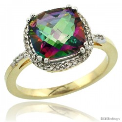 14k Yellow Gold Diamond Mystic Topaz Ring 3.05 ct Cushion Cut 9x9 mm, 1/2 in wide