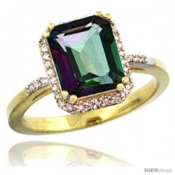 14k Yellow Gold Diamond Mystic Topaz Ring 2.53 ct Emerald Shape 9x7 mm, 1/2 in wide