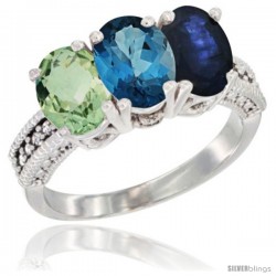 14K White Gold Natural Green Amethyst, London Blue Topaz & Blue Sapphire Ring 3-Stone 7x5 mm Oval Diamond Accent