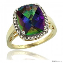 14k Yellow Gold Diamond Mystic Topaz Ring 5.17 ct Checkerboard Cut Cushion 12x10 mm, 1/2 in wide