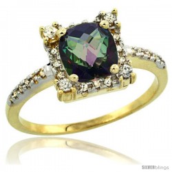 14k Yellow Gold Diamond Halo Mystic Topaz Ring 1.2 ct Checkerboard Cut Cushion 6 mm, 11/32 in wide