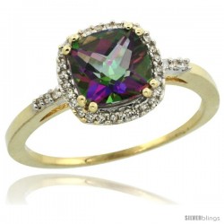 14k Yellow Gold Diamond Mystic Topaz Ring 1.5 ct Checkerboard Cut Cushion Shape 7 mm, 3/8 in wide