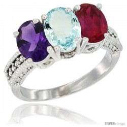 10K White Gold Natural Amethyst, Aquamarine & Ruby Ring 3-Stone Oval 7x5 mm Diamond Accent