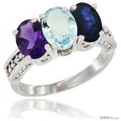 10K White Gold Natural Amethyst, Aquamarine & Blue Sapphire Ring 3-Stone Oval 7x5 mm Diamond Accent