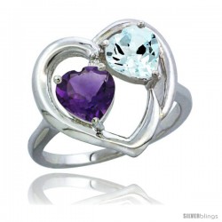 10K White Gold Heart Ring 6mm Natural Amethyst & Aquamarine Diamond Accent