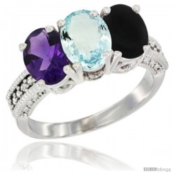 10K White Gold Natural Amethyst, Aquamarine & Black Onyx Ring 3-Stone Oval 7x5 mm Diamond Accent