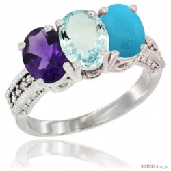 10K White Gold Natural Amethyst, Aquamarine & Turquoise Ring 3-Stone Oval 7x5 mm Diamond Accent