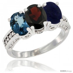 14K White Gold Natural London Blue Topaz, Garnet & Lapis Ring 3-Stone 7x5 mm Oval Diamond Accent