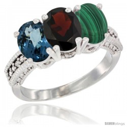 14K White Gold Natural London Blue Topaz, Garnet & Malachite Ring 3-Stone 7x5 mm Oval Diamond Accent