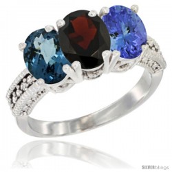 14K White Gold Natural London Blue Topaz, Garnet & Tanzanite Ring 3-Stone 7x5 mm Oval Diamond Accent