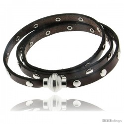 Surgical Steel Italian Leather Wrap Massai Bracelet w/ Super Magnet Clasp Flat Rivets, Color Brown