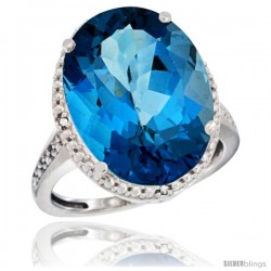 14k White Gold Diamond London Blue Topaz Ring 13.56 Carat Oval Shape 18x13 mm, 3/4 in (20mm) wide