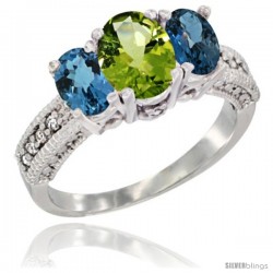 14k White Gold Ladies Oval Natural Peridot 3-Stone Ring with London Blue Topaz Sides Diamond Accent