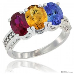 14K White Gold Natural Ruby, Whisky Quartz & Tanzanite Ring 3-Stone 7x5 mm Oval Diamond Accent