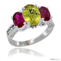 14K White Gold Ladies 3-Stone Oval Natural Lemon Quartz Ring with Ruby Sides Diamond Accent