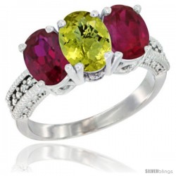 14K White Gold Natural Lemon Quartz & Ruby Sides Ring 3-Stone 7x5 mm Oval Diamond Accent