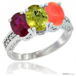 14K White Gold Natural Ruby, Lemon Quartz & Coral Ring 3-Stone 7x5 mm Oval Diamond Accent