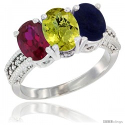 14K White Gold Natural Ruby, Lemon Quartz & Lapis Ring 3-Stone 7x5 mm Oval Diamond Accent