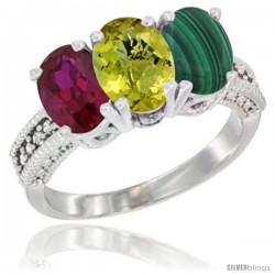 14K White Gold Natural Ruby, Lemon Quartz & Malachite Ring 3-Stone 7x5 mm Oval Diamond Accent