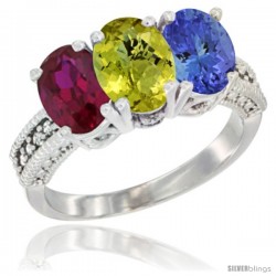 14K White Gold Natural Ruby, Lemon Quartz & Tanzanite Ring 3-Stone 7x5 mm Oval Diamond Accent