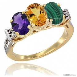 10K Yellow Gold Natural Amethyst, Citrine & Malachite Ring 3-Stone Oval 7x5 mm Diamond Accent