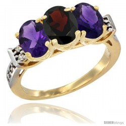 10K Yellow Gold Natural Garnet & Amethyst Sides Ring 3-Stone Oval 7x5 mm Diamond Accent