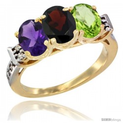 10K Yellow Gold Natural Amethyst, Garnet & Peridot Ring 3-Stone Oval 7x5 mm Diamond Accent