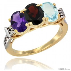 10K Yellow Gold Natural Amethyst, Garnet & Aquamarine Ring 3-Stone Oval 7x5 mm Diamond Accent