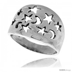 Sterling Silver Domed Cigar Band Ring w/ Moons & Stars Cut-outs 5/8 in wide