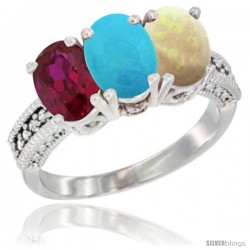 10K White Gold Natural Ruby, Turquoise & Opal Ring 3-Stone Oval 7x5 mm Diamond Accent