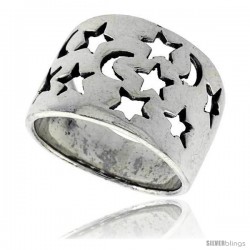 Sterling Silver Flat Cigar Band Ring w/ Moons & Stars Cut-outs 5/8 in wide