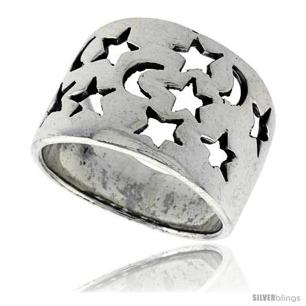Sterling Silver Moons & Stars Cigar Band Ring 5/8 inch Sizes 6-10 