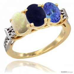 10K Yellow Gold Natural Opal, Lapis & Tanzanite Ring 3-Stone Oval 7x5 mm Diamond Accent