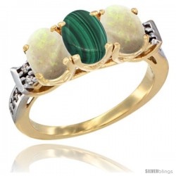 10K Yellow Gold Natural Malachite & Opal Sides Ring 3-Stone Oval 7x5 mm Diamond Accent