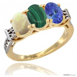 10K Yellow Gold Natural Opal, Malachite & Tanzanite Ring 3-Stone Oval 7x5 mm Diamond Accent