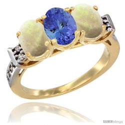 10K Yellow Gold Natural Tanzanite & Opal Sides Ring 3-Stone Oval 7x5 mm Diamond Accent