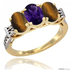 10K Yellow Gold Natural Amethyst & Tiger Eye Sides Ring 3-Stone Oval 7x5 mm Diamond Accent