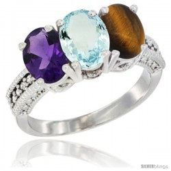 10K White Gold Natural Amethyst, Aquamarine & Tiger Eye Ring 3-Stone Oval 7x5 mm Diamond Accent