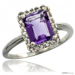 10k White Gold Diamond Amethyst Ring 1.6 ct Emerald Shape 8x6 mm, 1/2 in wide