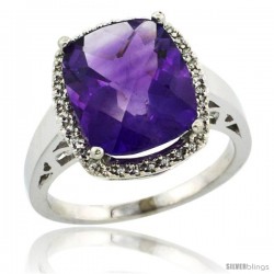 10k White Gold Diamond Amethyst Ring 5.17 ct Checkerboard Cut Cushion 12x10 mm, 1/2 in wide