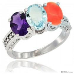 10K White Gold Natural Amethyst, Aquamarine & Coral Ring 3-Stone Oval 7x5 mm Diamond Accent