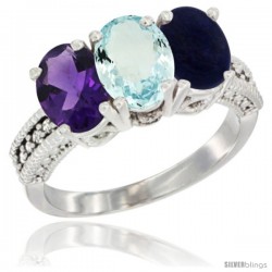 10K White Gold Natural Amethyst, Aquamarine & Lapis Ring 3-Stone Oval 7x5 mm Diamond Accent