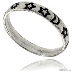 Sterling Silver Thin Stars, Moon & Sun Wedding Band Ring