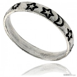 Sterling Silver Thin Stars, Moon & Sun Wedding Band Ring
