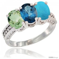 14K White Gold Natural Green Amethyst, London Blue Topaz & Turquoise Ring 3-Stone 7x5 mm Oval Diamond Accent