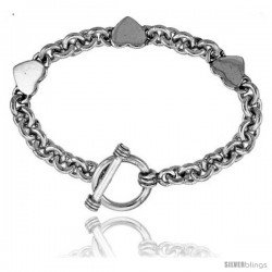 Sterling Silver Triple Solid Heart Rolo Link Bracelet