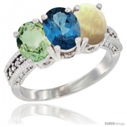 14K White Gold Natural Green Amethyst, London Blue Topaz & Opal Ring 3-Stone 7x5 mm Oval Diamond Accent